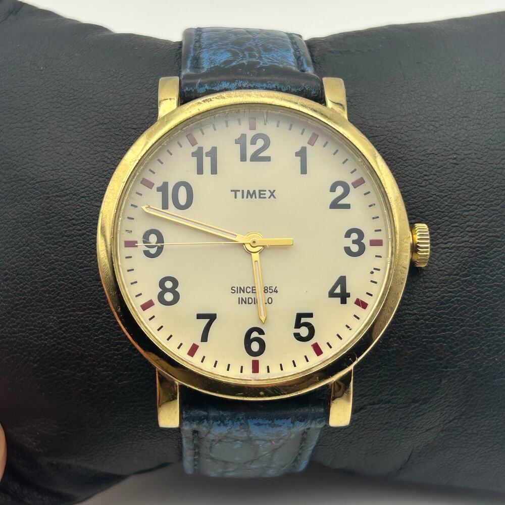 Timex Men's Gold Case Watch with Blue Leather Strap and White Dial